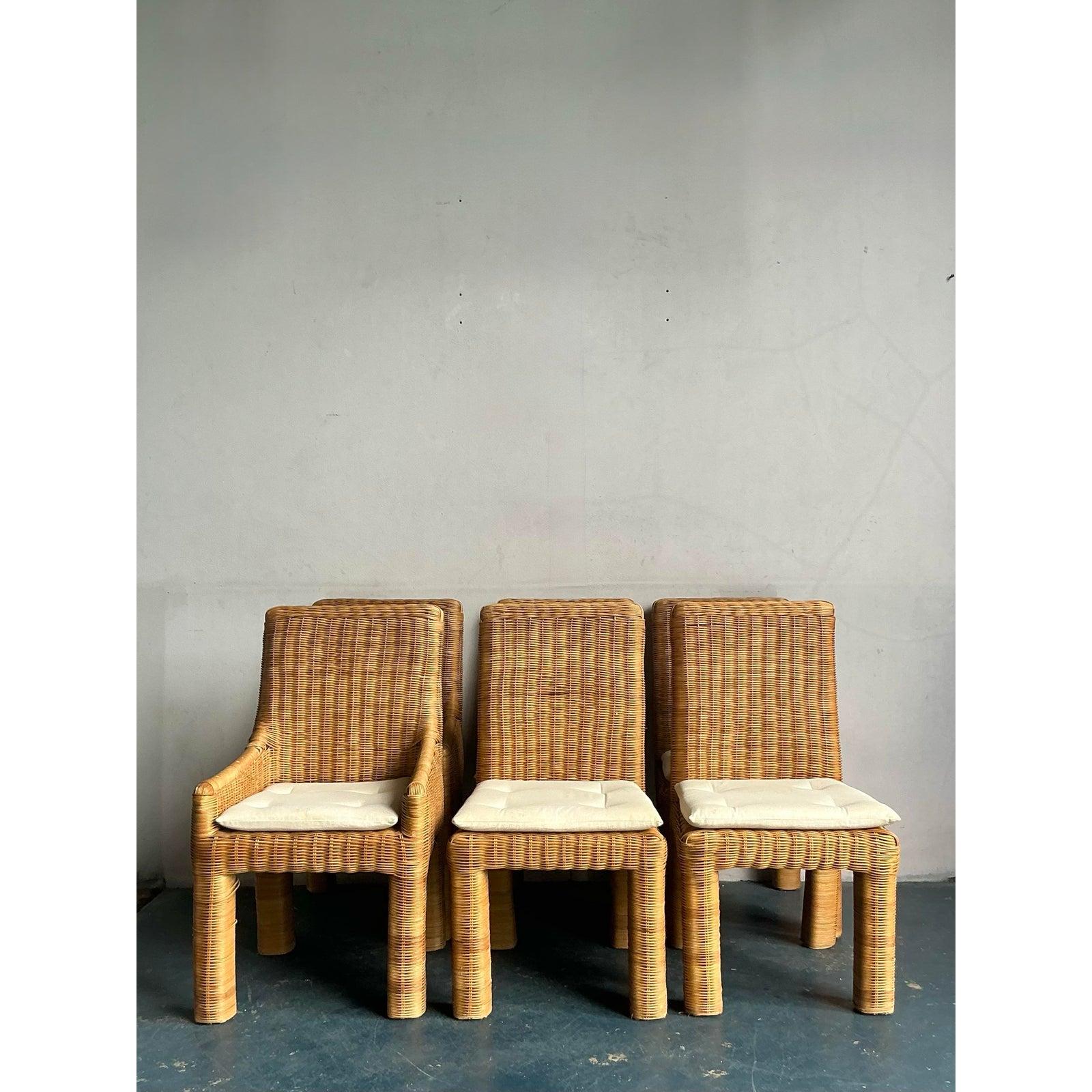 Vintage Boho-Esszimmerstühle aus gewebtem Rattan, 6er-Set im Zustand „Gut“ im Angebot in West Palm Beach, FL
