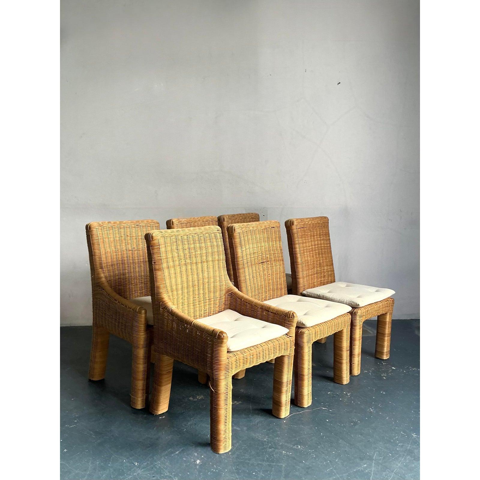 Vintage Boho-Esszimmerstühle aus gewebtem Rattan, 6er-Set (20. Jahrhundert) im Angebot