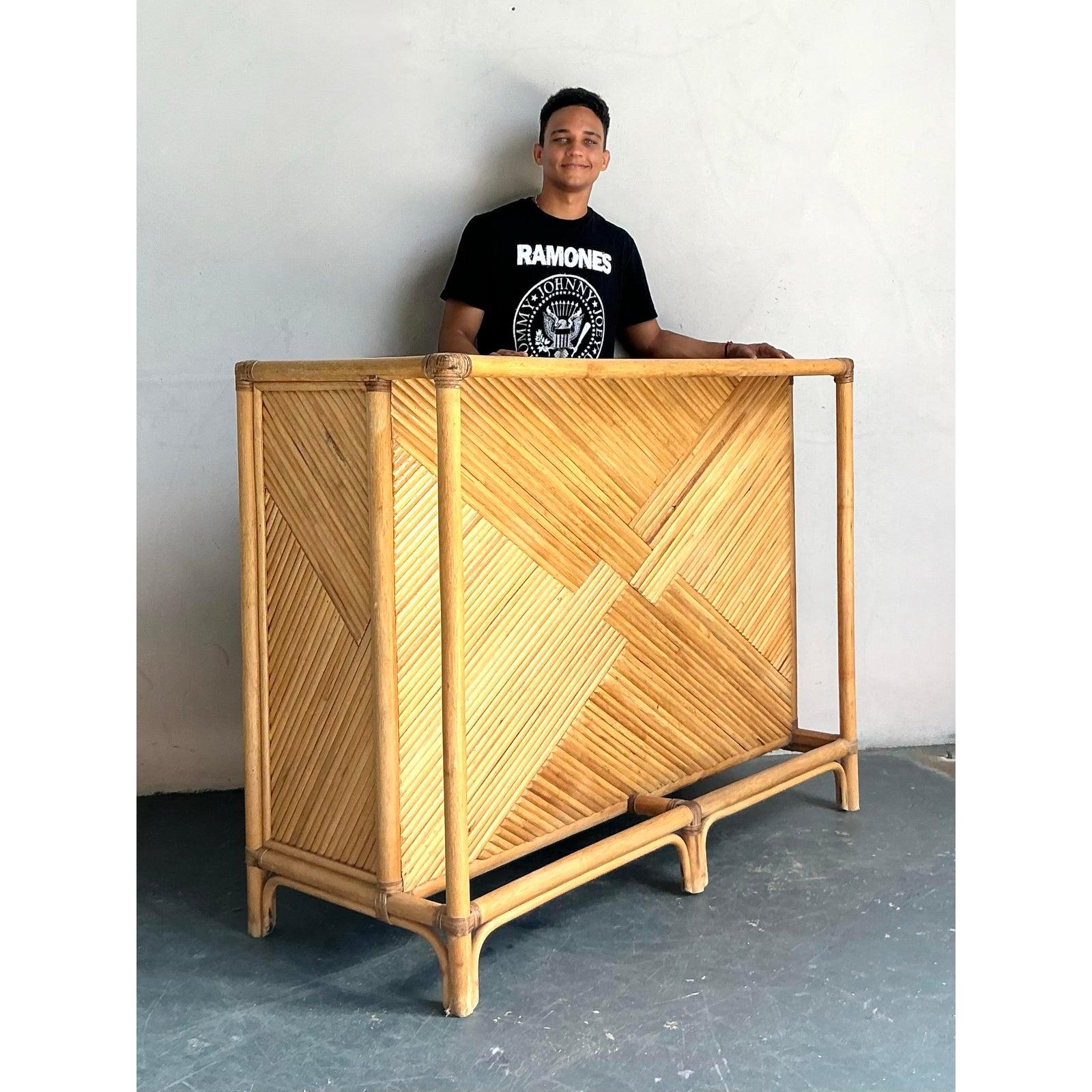 Mid-Century Modern Vintage Boho Woven Rattan Dry Bar For Sale