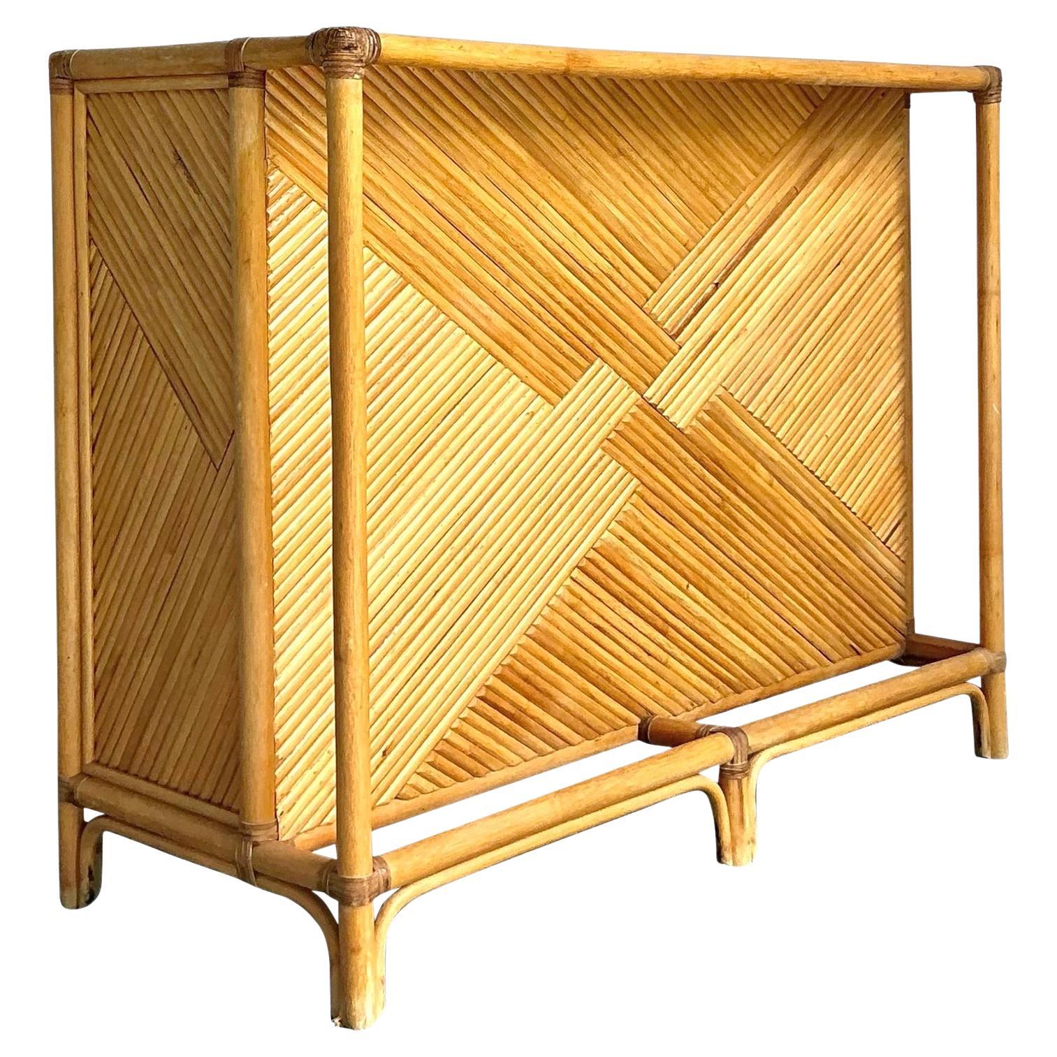 Vintage Boho Woven Rattan Dry Bar For Sale