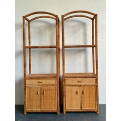 Vintage Boho Woven Rattan Etagere. - A Pair