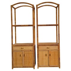 Vintage Boho Woven Rattan Etagere. - A Pair