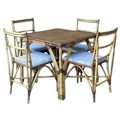 Vintage Boho Woven Rattan Game Table and Chairs - Set of 5