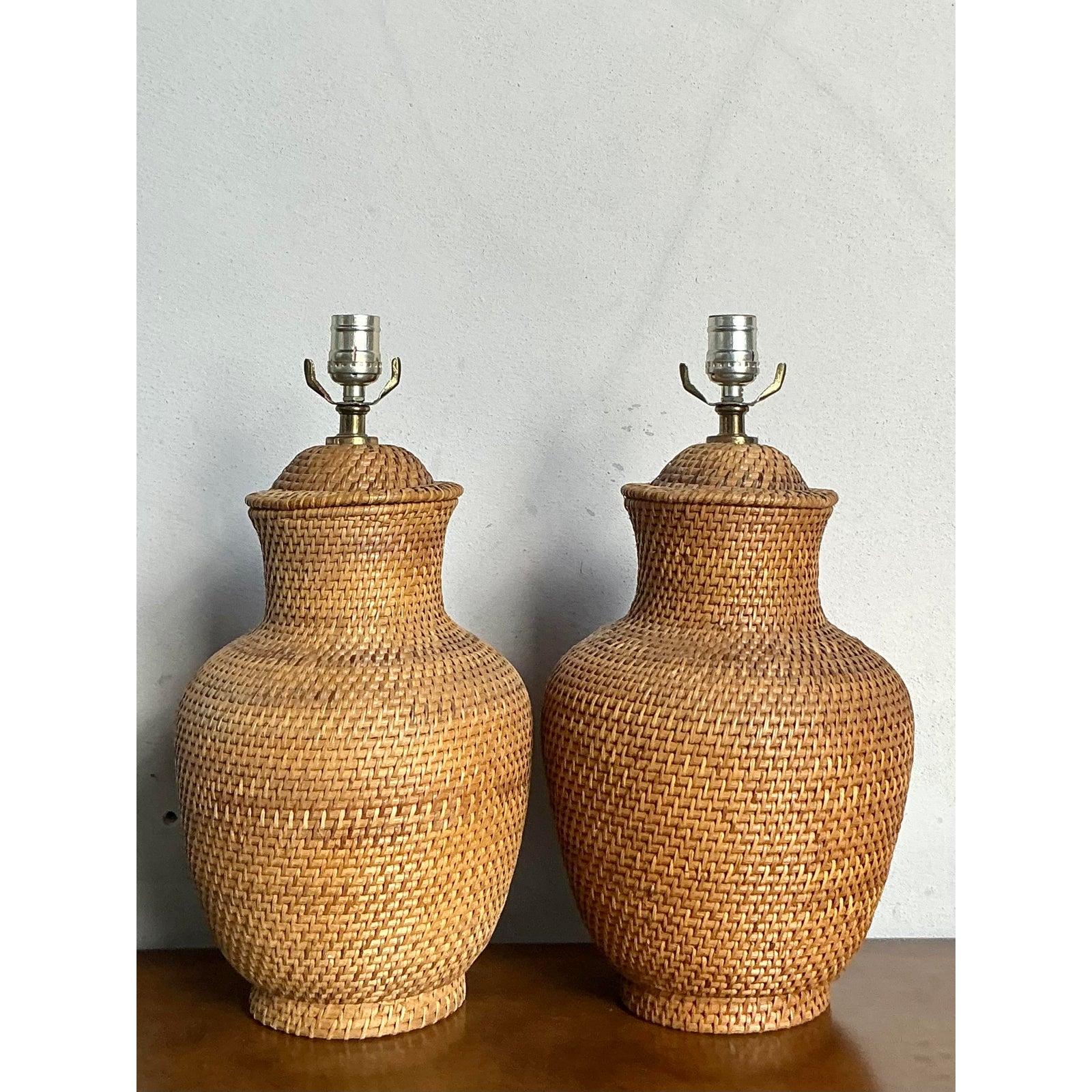 Organic Modern Vintage Boho Woven Rattan Lamps - A Pair For Sale