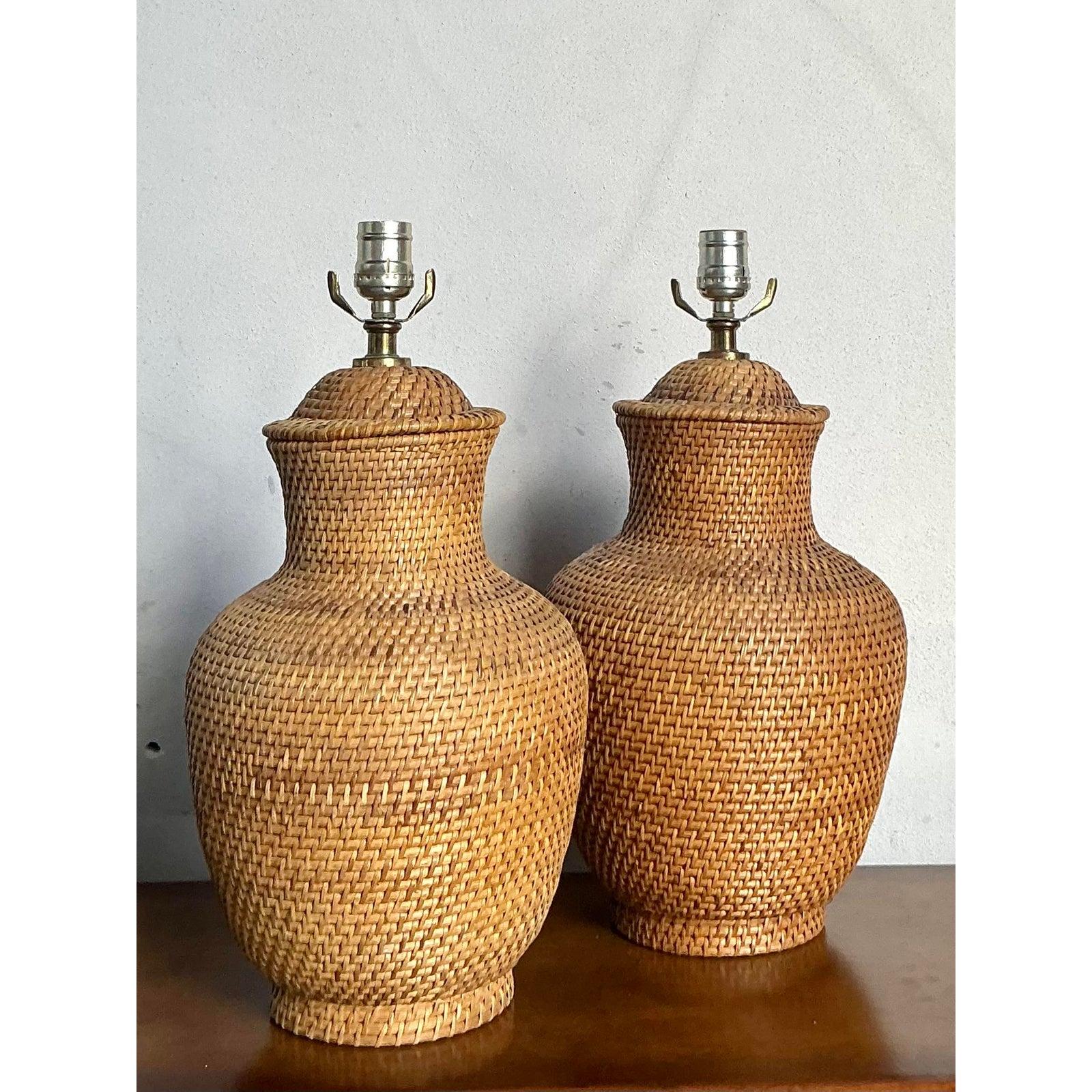 Philippine Vintage Boho Woven Rattan Lamps - A Pair For Sale