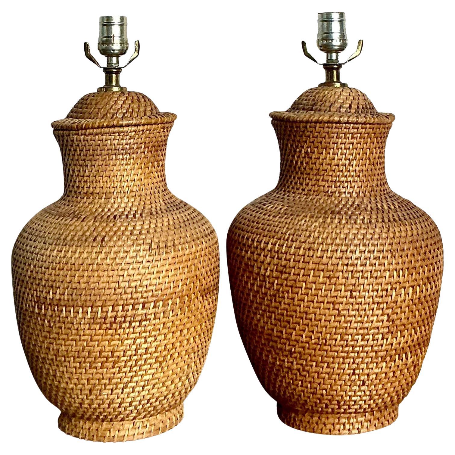 Vintage Boho Woven Rattan Lamps - A Pair For Sale