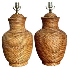 Vintage Boho Woven Rattan Lamps - A Pair