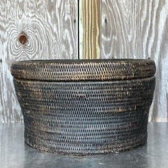 Vintage Boho Woven Rattan Lidded Basket