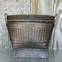 Vintage Boho Woven Rattan Lidded Basket