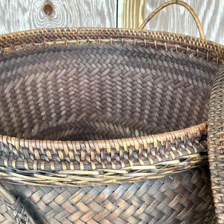 Philippine Vintage Boho Woven Rattan Lidded Basket For Sale