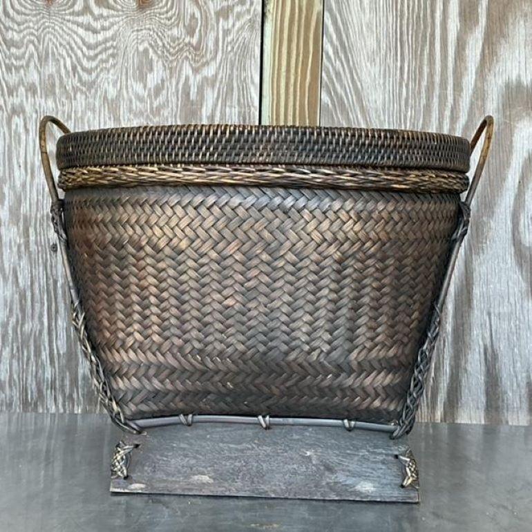 20th Century Vintage Boho Woven Rattan Lidded Basket For Sale