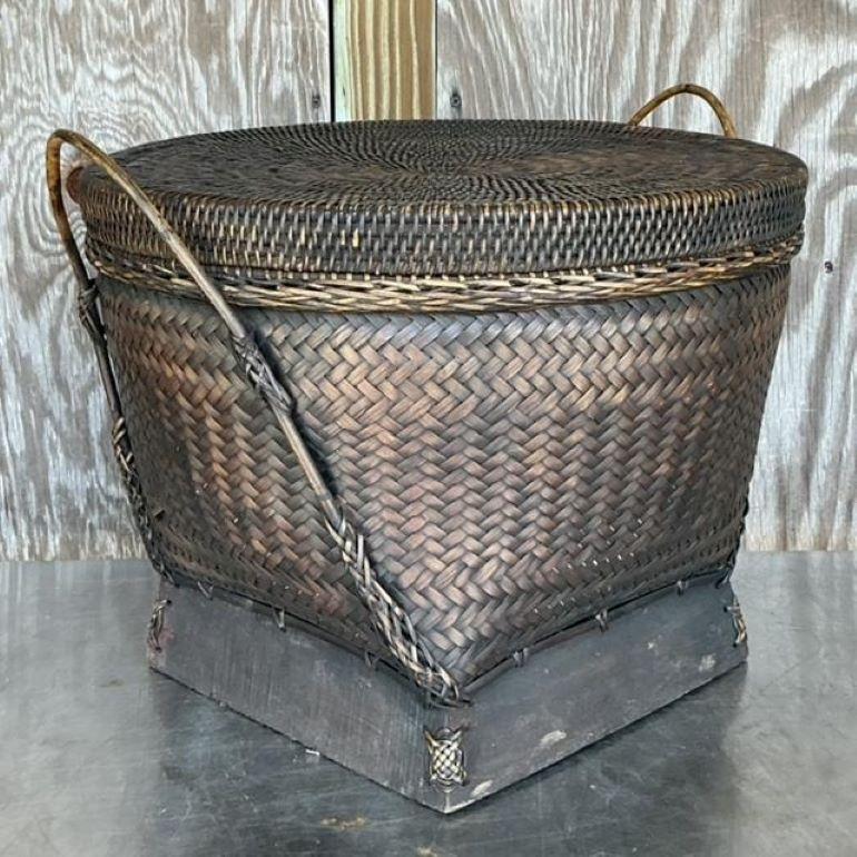 Vintage Boho Woven Rattan Lidded Basket For Sale 1