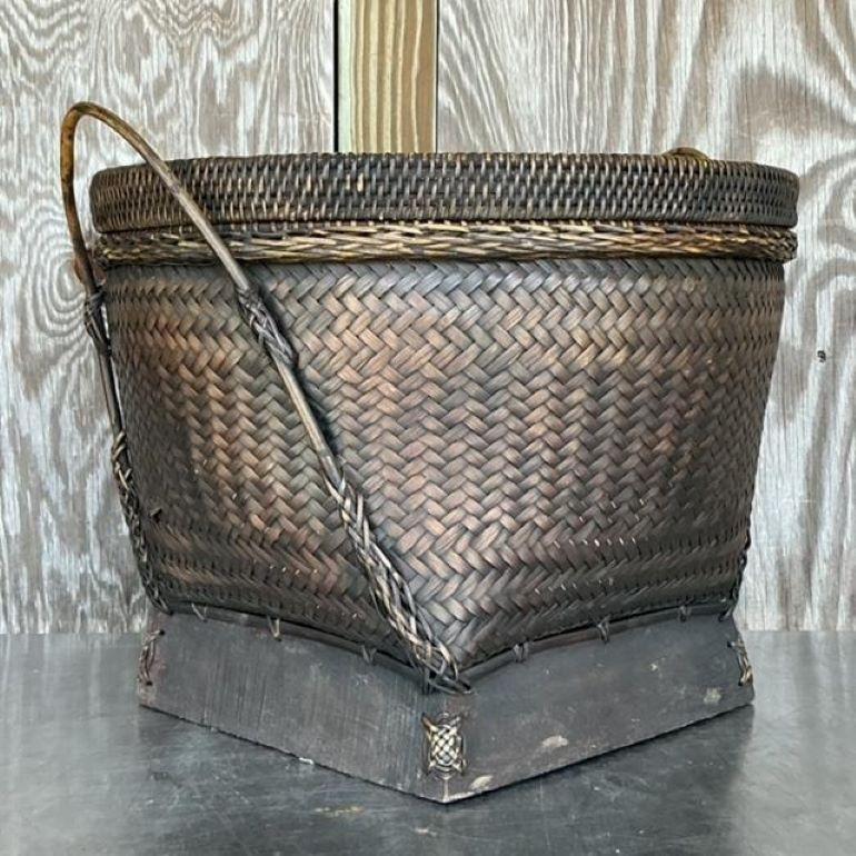 Vintage Boho Woven Rattan Lidded Basket For Sale 2