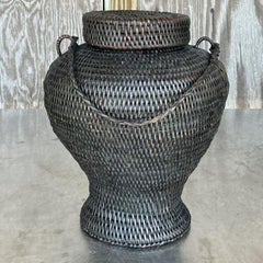 Vintage Boho geflochtene Rattan Urne mit Deckel