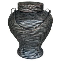 Vintage Boho Woven Rattan Lidded Urn