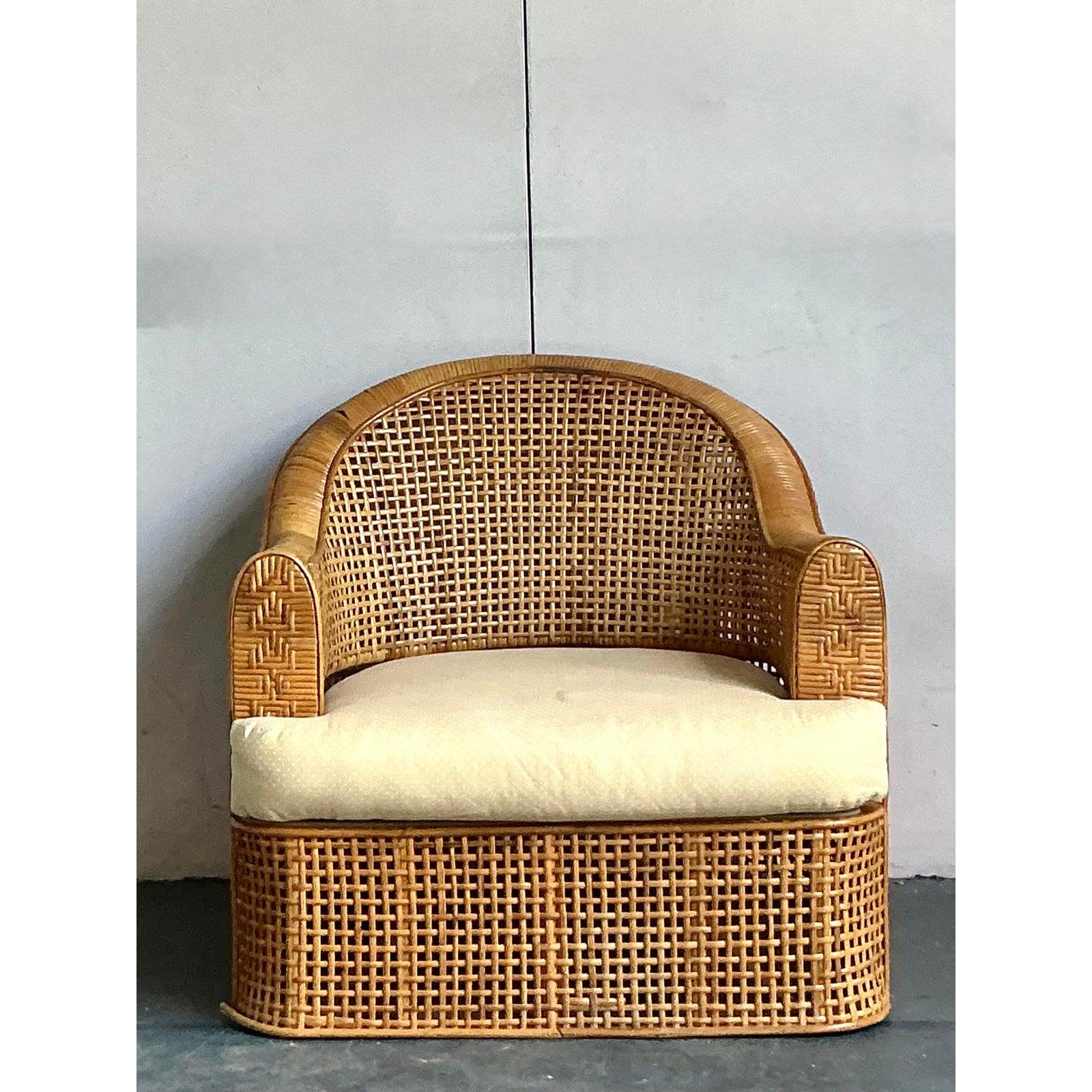 Vintage Boho gewebt Rattan Lounge Stuhl (Moderne der Mitte des Jahrhunderts) im Angebot