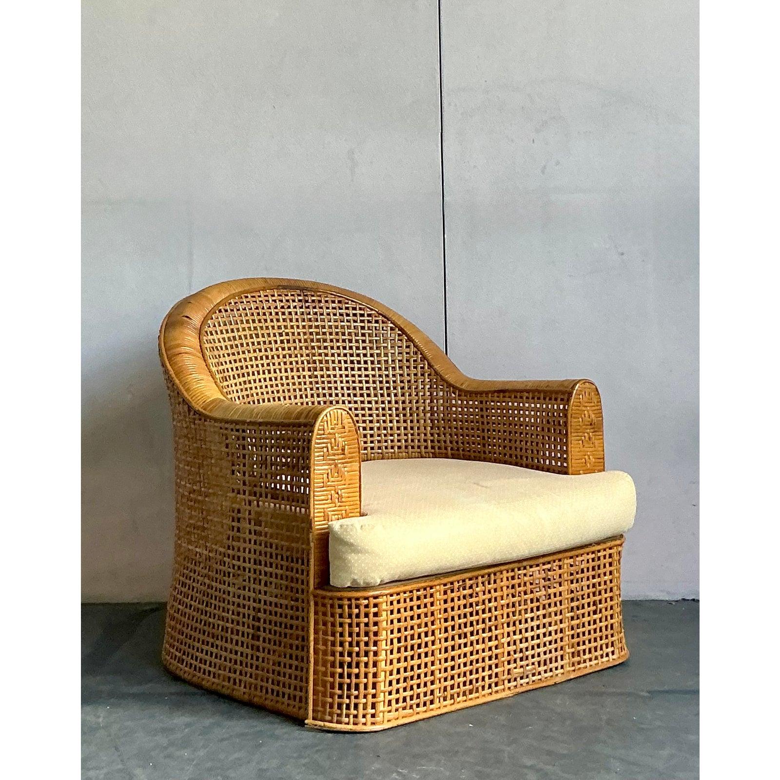 Vintage Boho gewebt Rattan Lounge Stuhl (20. Jahrhundert) im Angebot