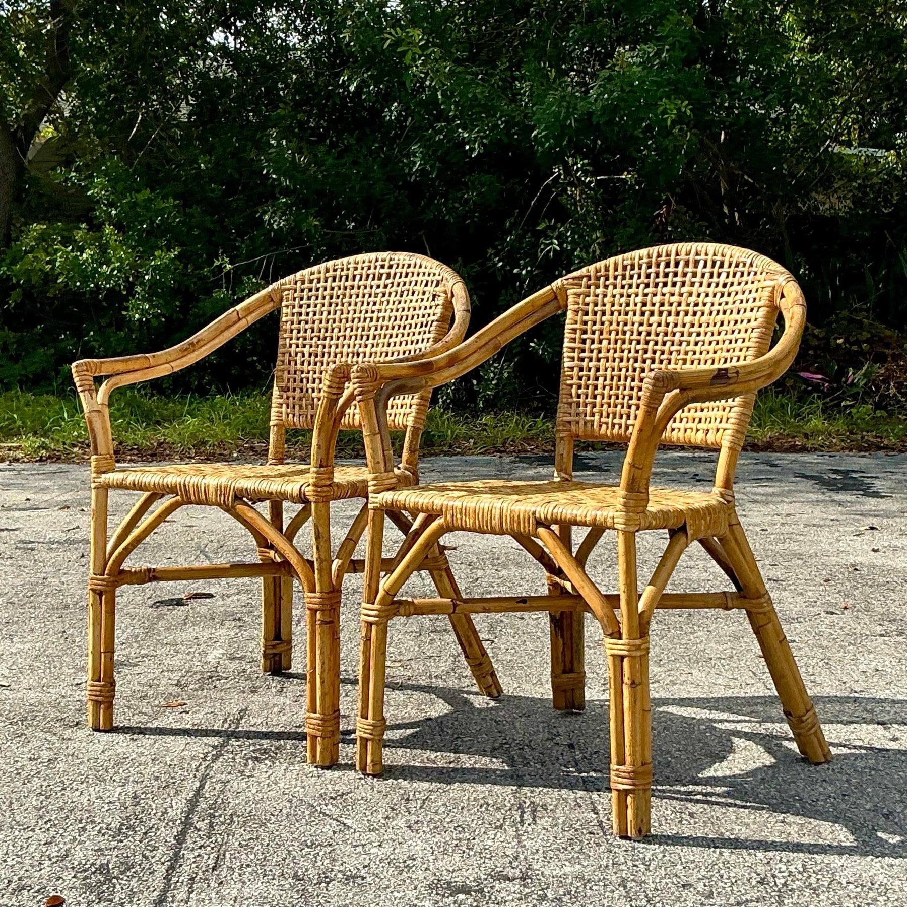 Chaises longues vintage en rotin tressé Boho - une paire Bon état - En vente à West Palm Beach, FL