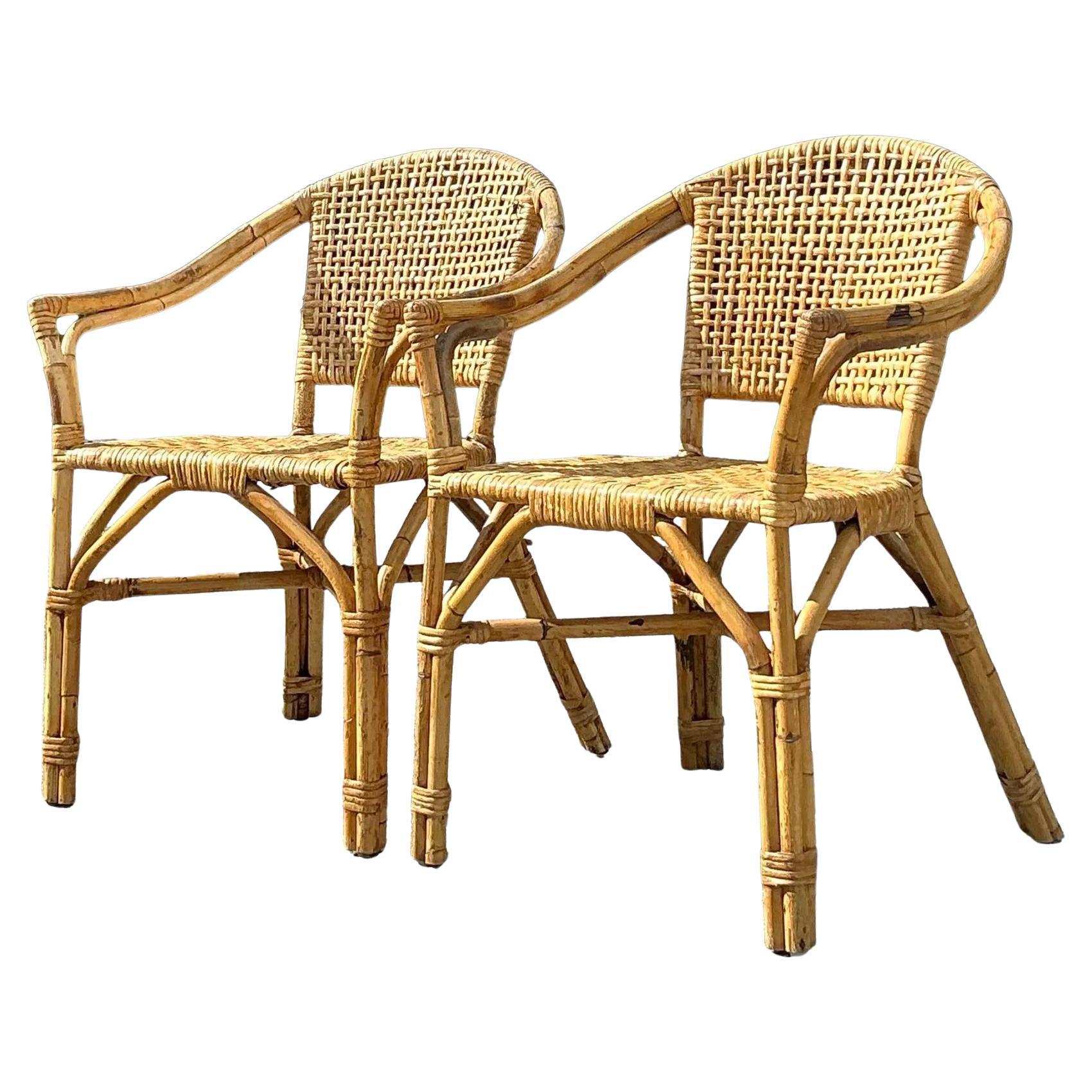 Vintage Boho Woven Rattan Lounge Chairs - a Pair