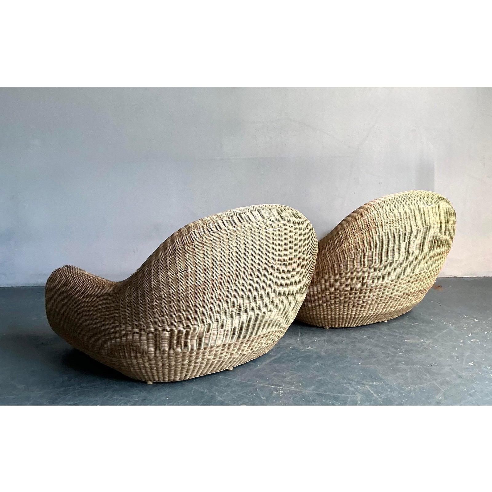Vintage Boho Woven Rattan Lounge Chairs After Michael Taylor - A Pair en vente 3