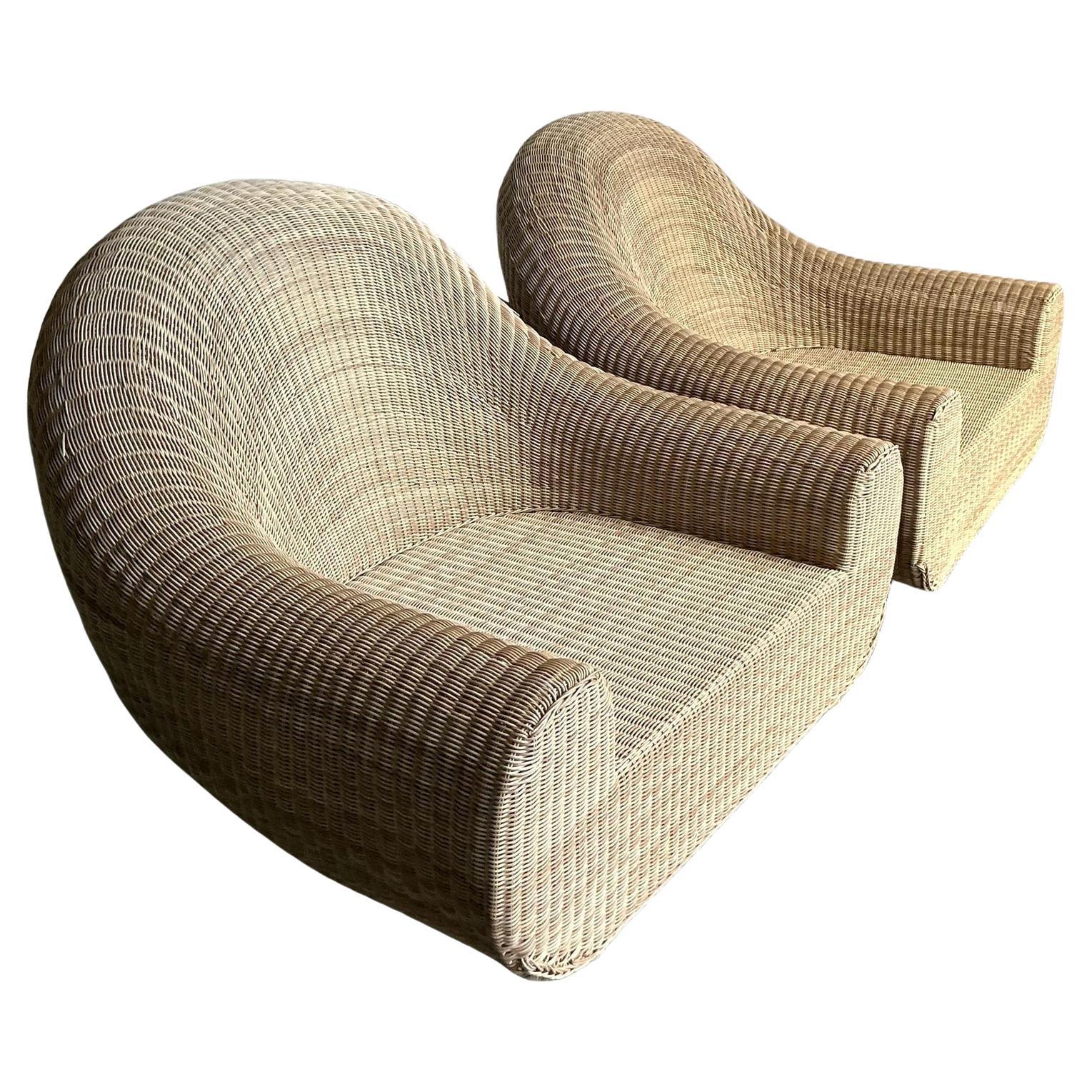 Vintage Boho Woven Rattan Lounge Chairs After Michael Taylor - A Pair