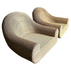 Vintage Boho Woven Rattan Lounge Chairs After Michael Taylor - A Pair
