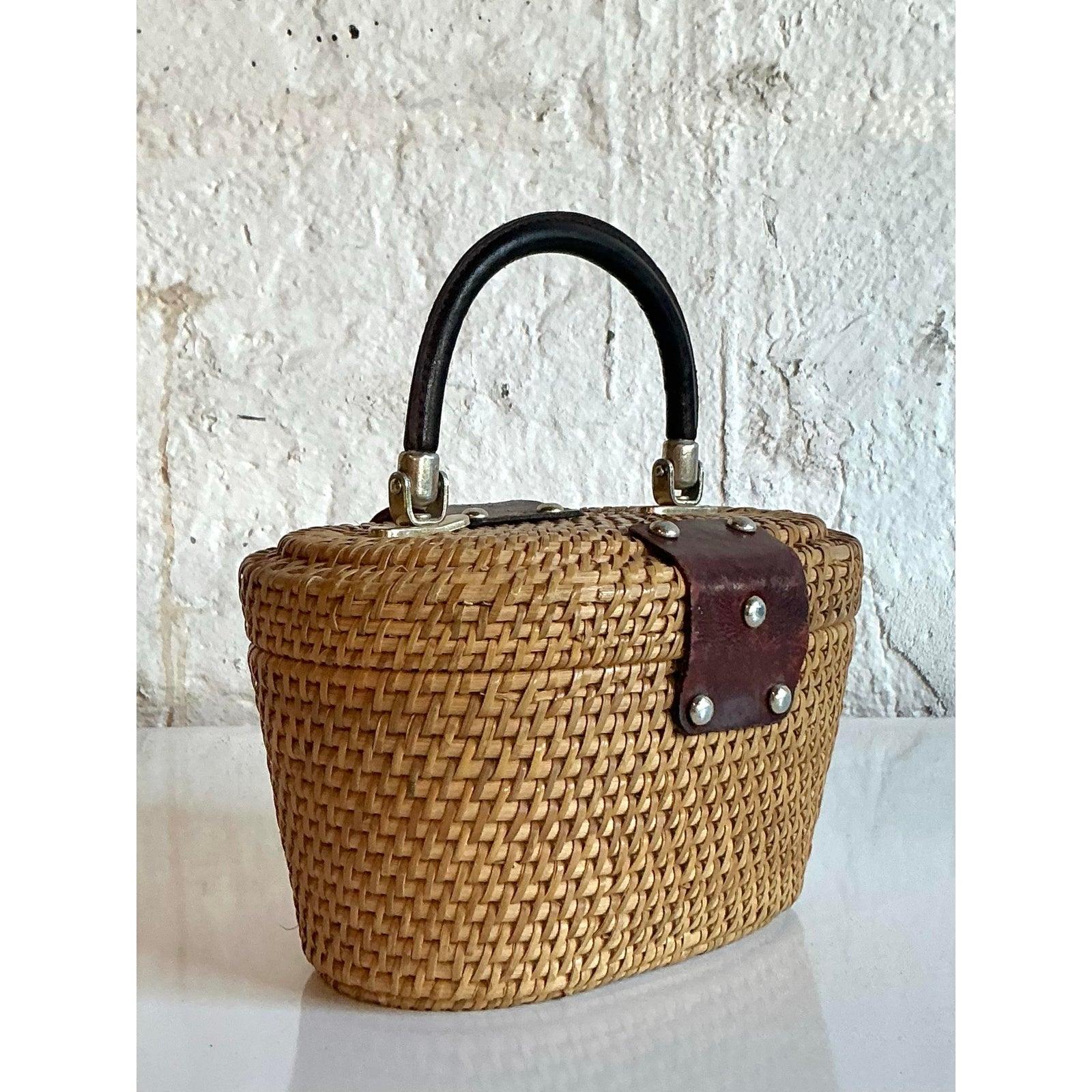 Mid-Century Modern Vintage Boho Woven Rattan Nantucket Style Bag For Sale