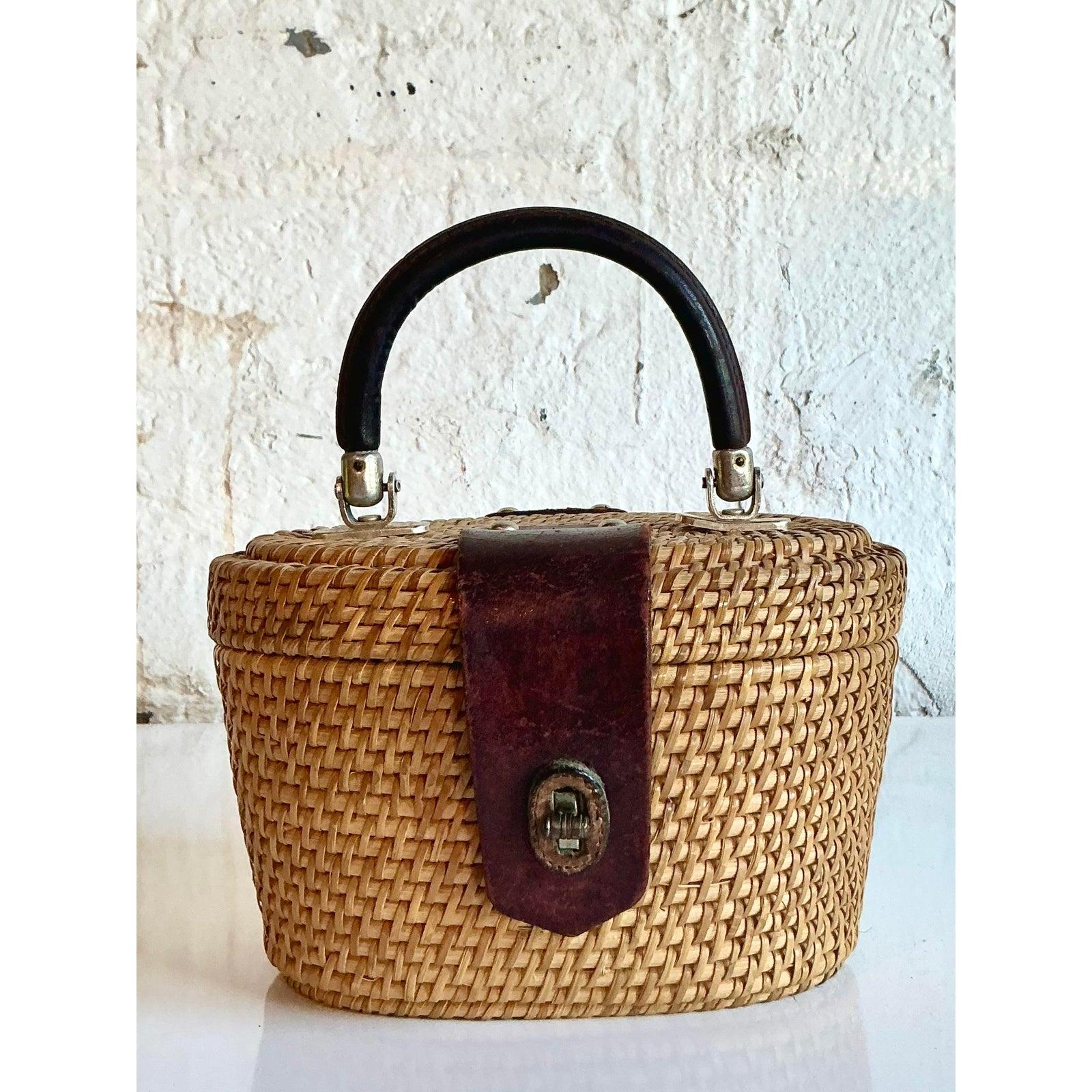 20th Century Vintage Boho Woven Rattan Nantucket Style Bag For Sale