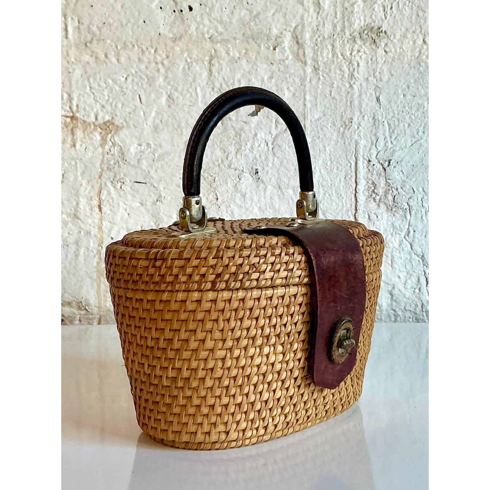 Metal Vintage Boho Woven Rattan Nantucket Style Bag For Sale