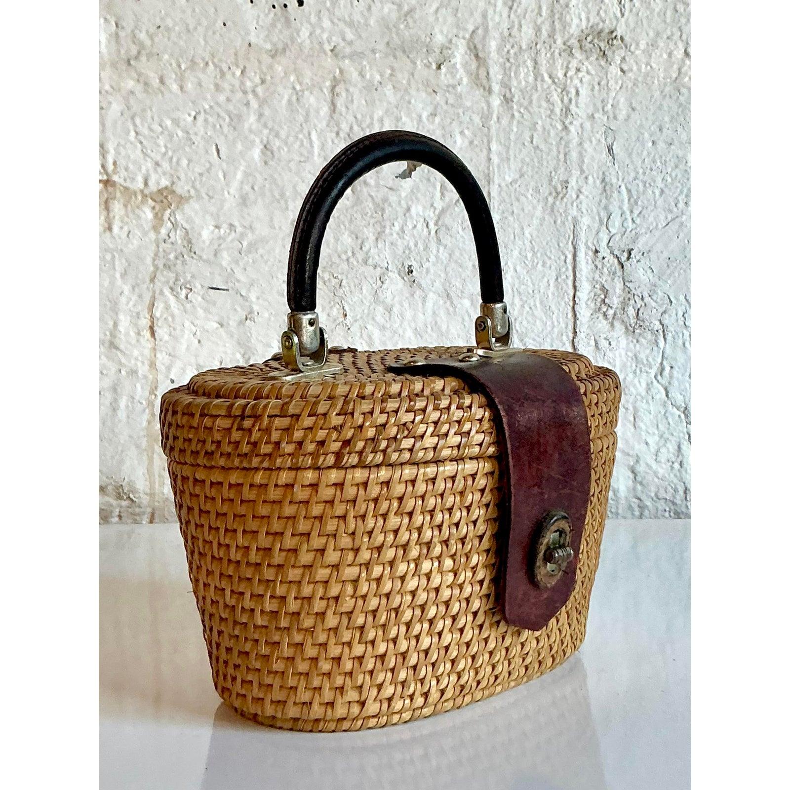 Vintage Boho Woven Rattan Nantucket Style Bag For Sale 1