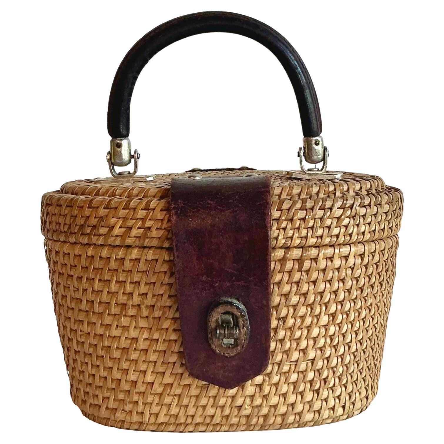 Vintage Boho Woven Rattan Nantucket Style Bag For Sale