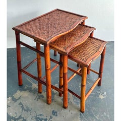 Vintage Boho Woven Rattan Nesting Tables - Set of 3