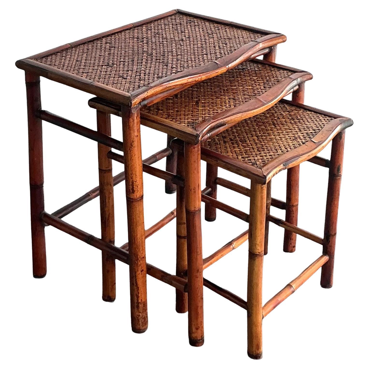 Vintage Boho Woven Rattan Nesting Tables - Set of 3