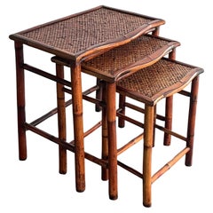 Vintage Boho Woven Rattan Nesting Tables - Set of 3
