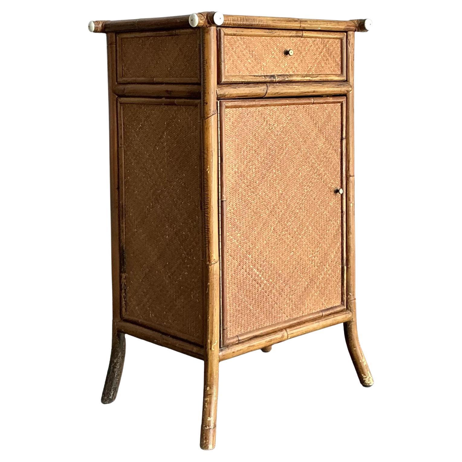 Vintage Boho Woven Rattan Nightstand