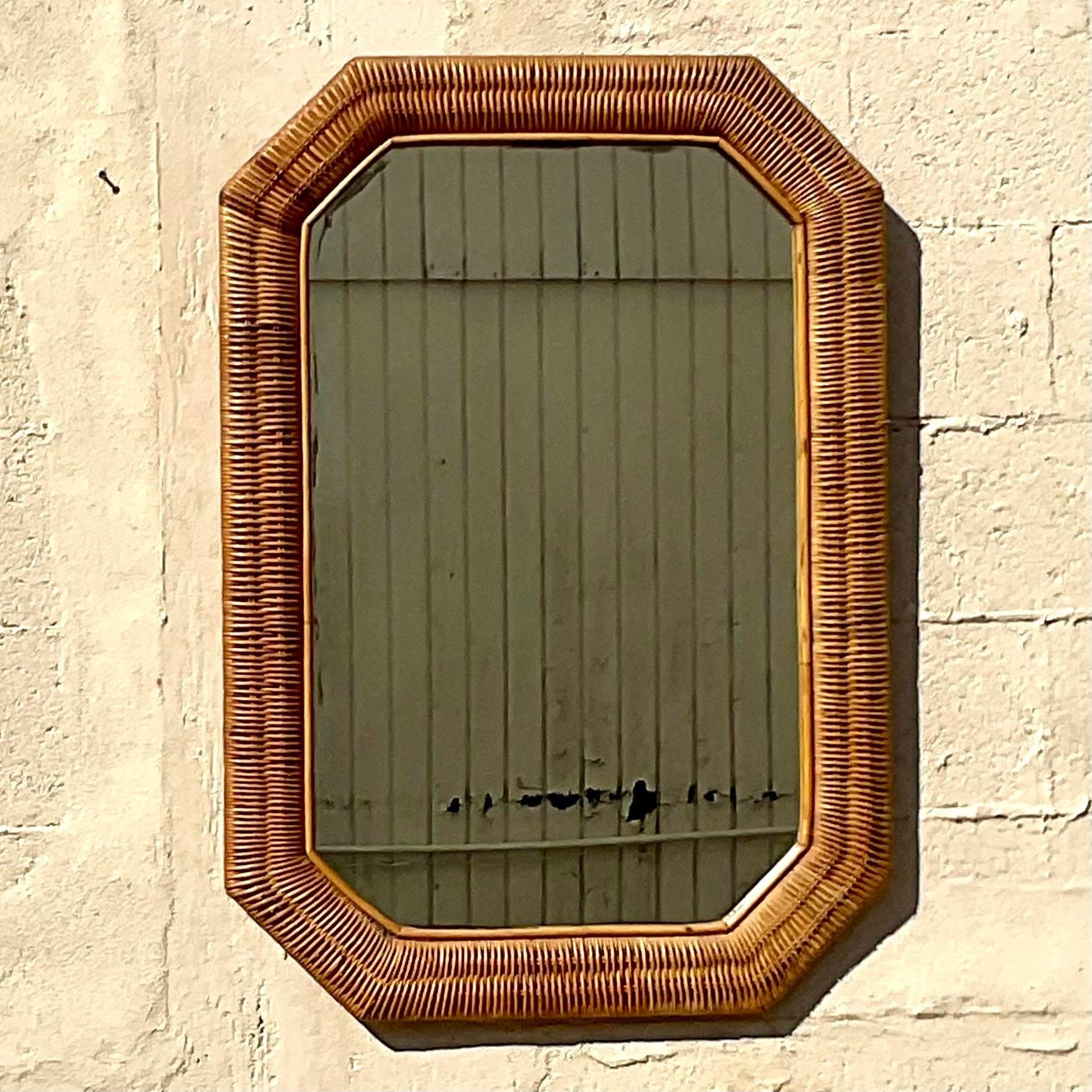 Vintage Boho Woven Rattan Octagon Mirror In Good Condition In west palm beach, FL