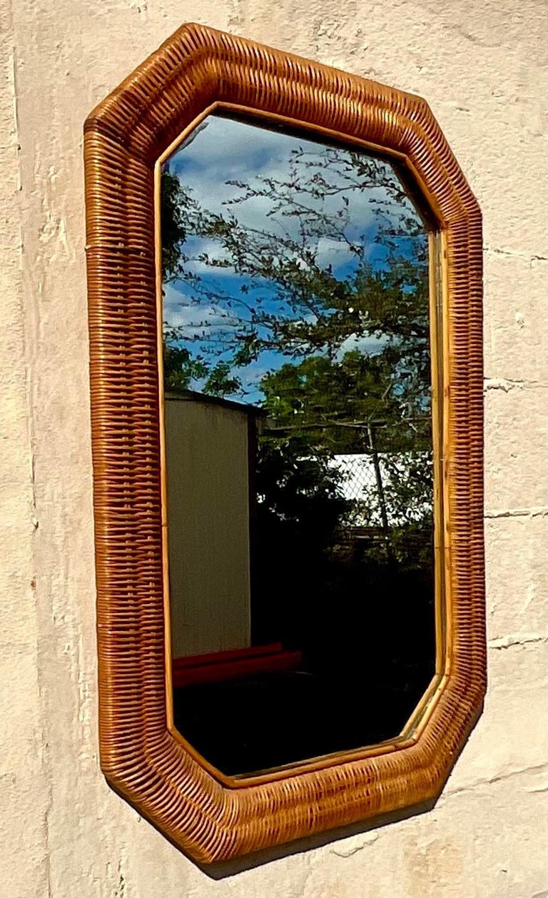 Vintage Boho Woven Rattan Octagon Mirror For Sale at 1stDibs
