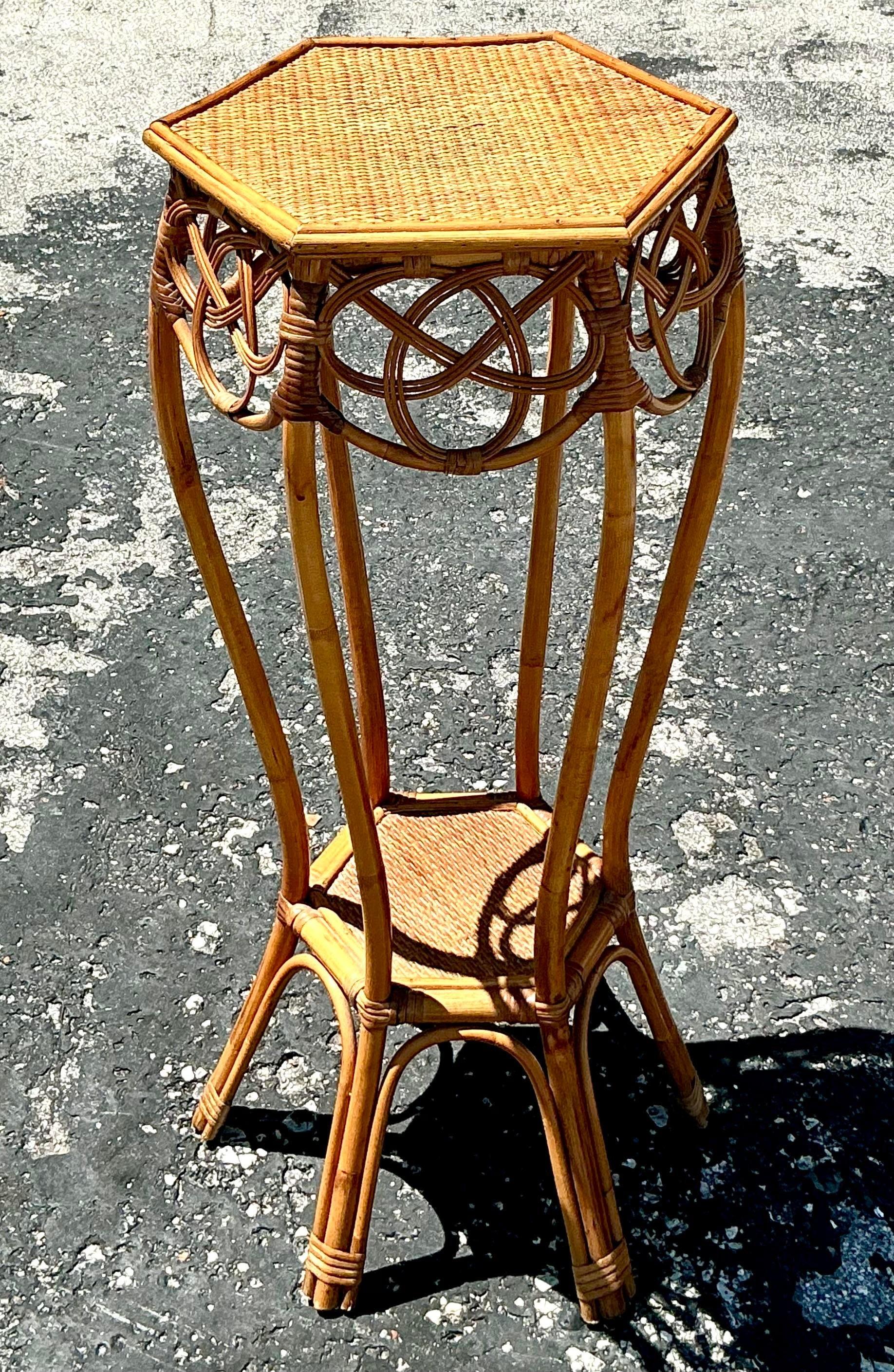 Mid-Century Modern Vintage Boho Woven Rattan Pedestal For Sale