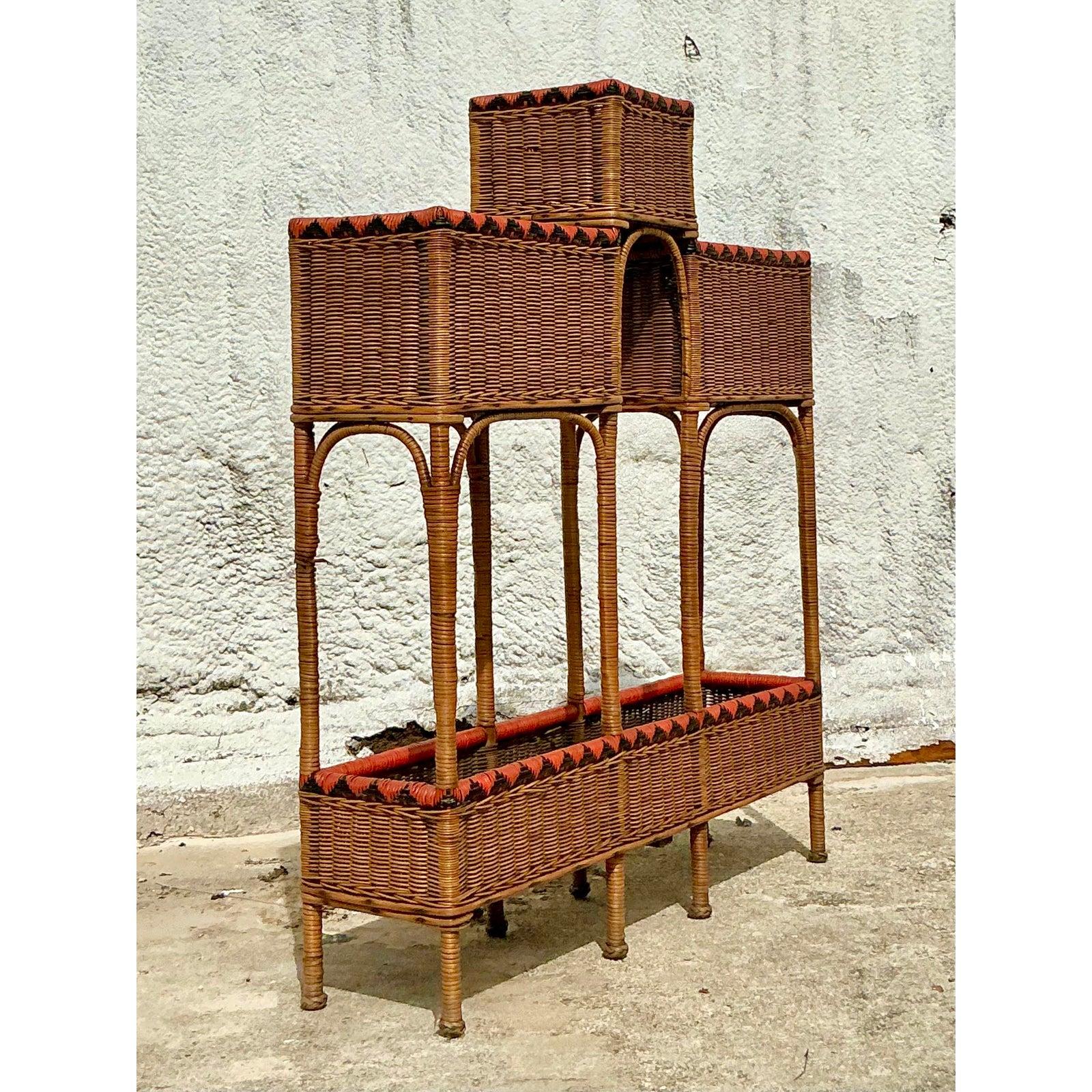 Folk Art Vintage Boho Woven Rattan Plant Stand For Sale