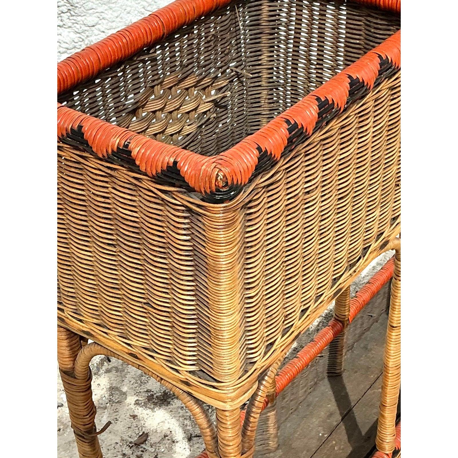 Vintage Boho Woven Rattan Plant Stand In Good Condition For Sale In west palm beach, FL