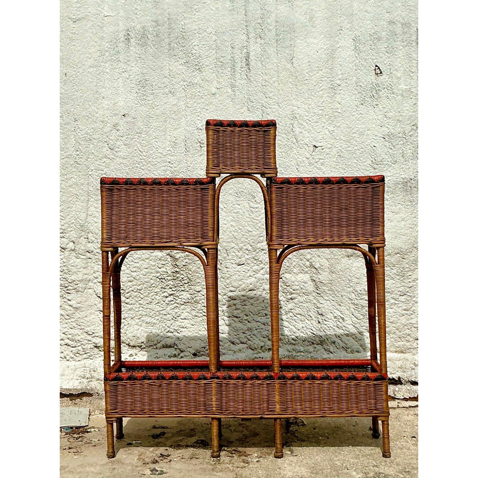 20th Century Vintage Boho Woven Rattan Plant Stand For Sale
