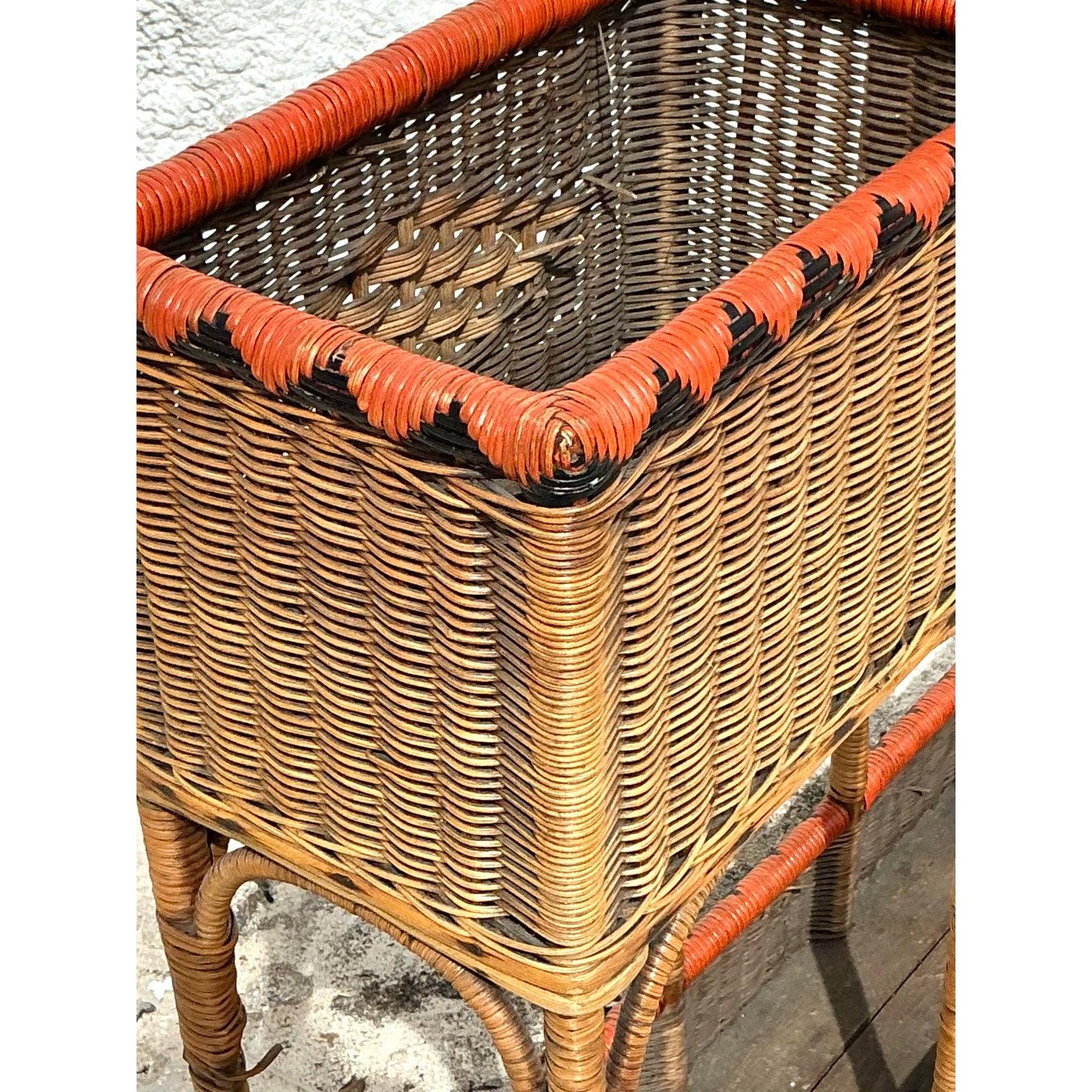 Wicker Vintage Boho Woven Rattan Plant Stand For Sale