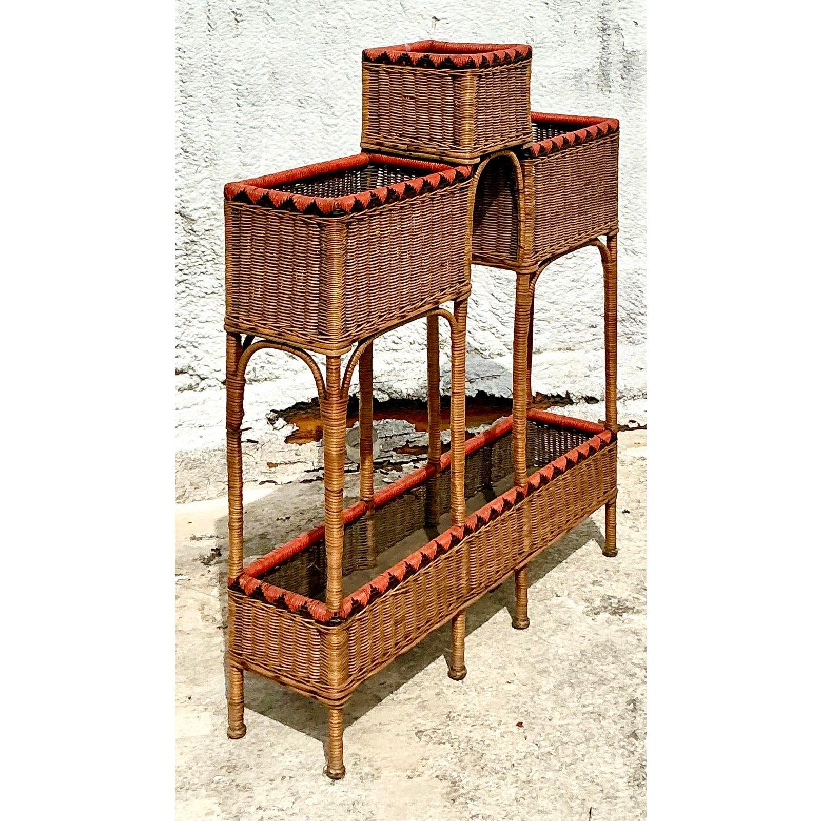Vintage Boho Woven Rattan Plant Stand For Sale 1
