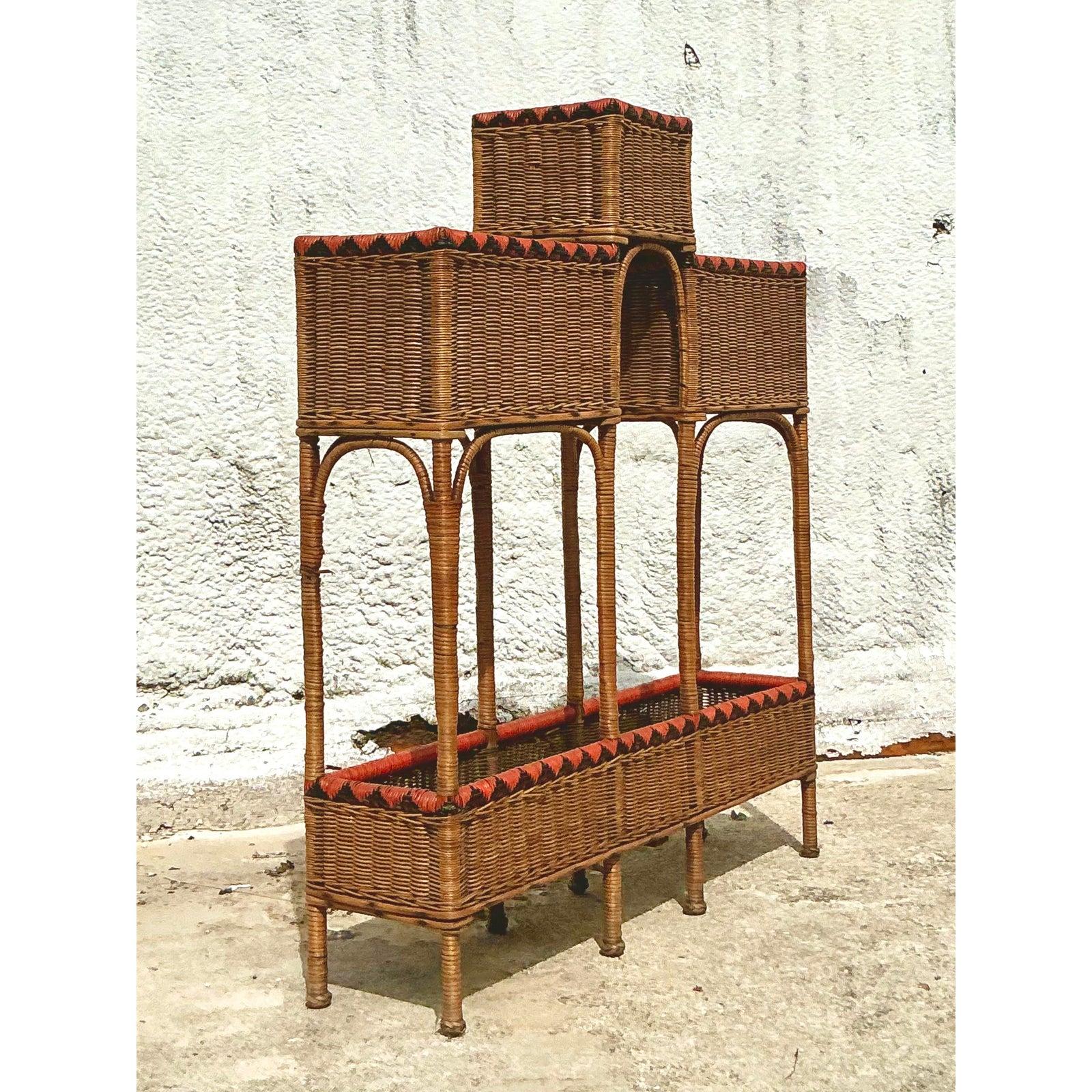Vintage Boho Woven Rattan Plant Stand For Sale 2