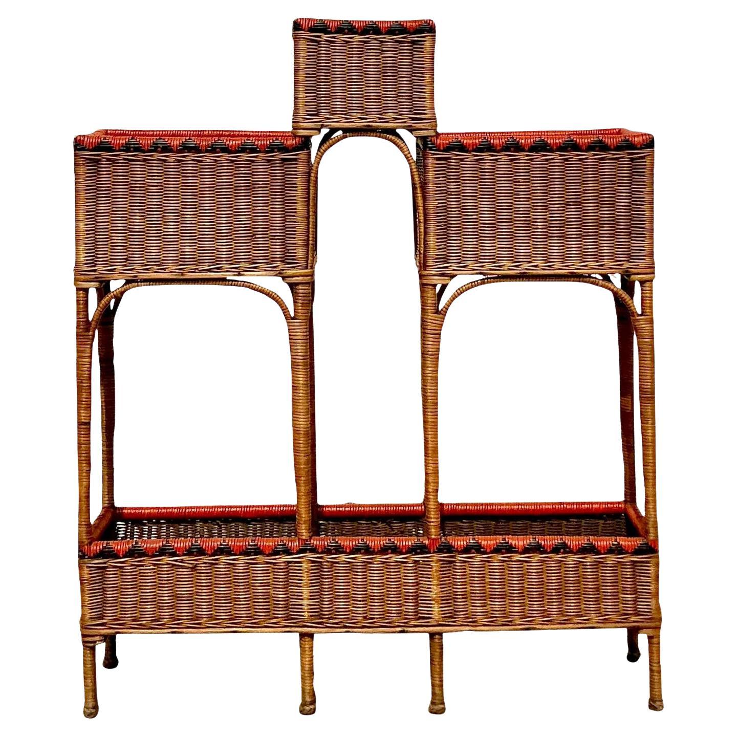 Vintage Boho Woven Rattan Plant Stand For Sale