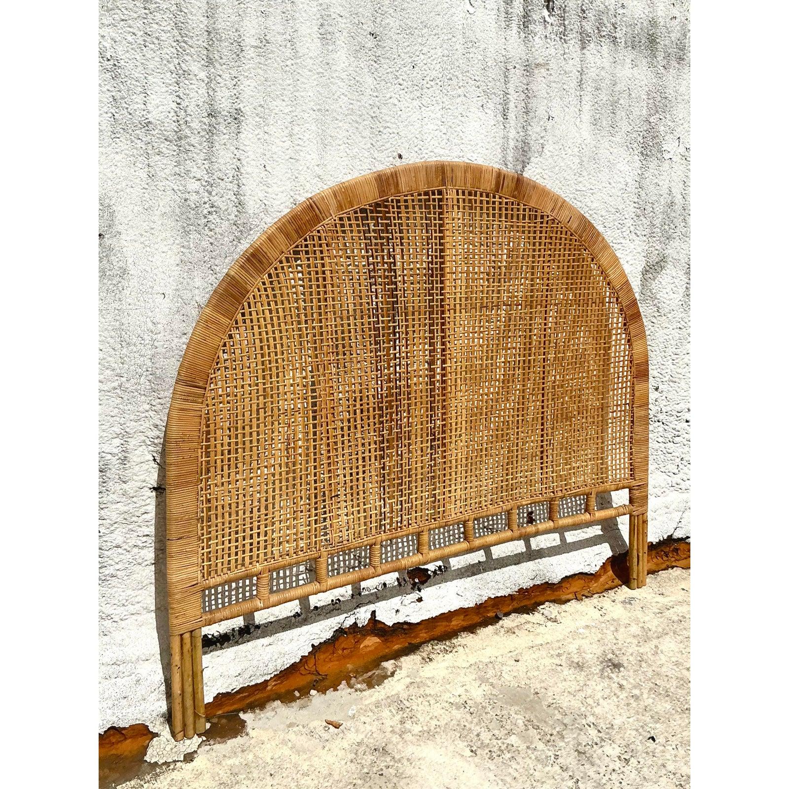 Philippine Vintage Boho Woven Rattan Queen Headboard For Sale
