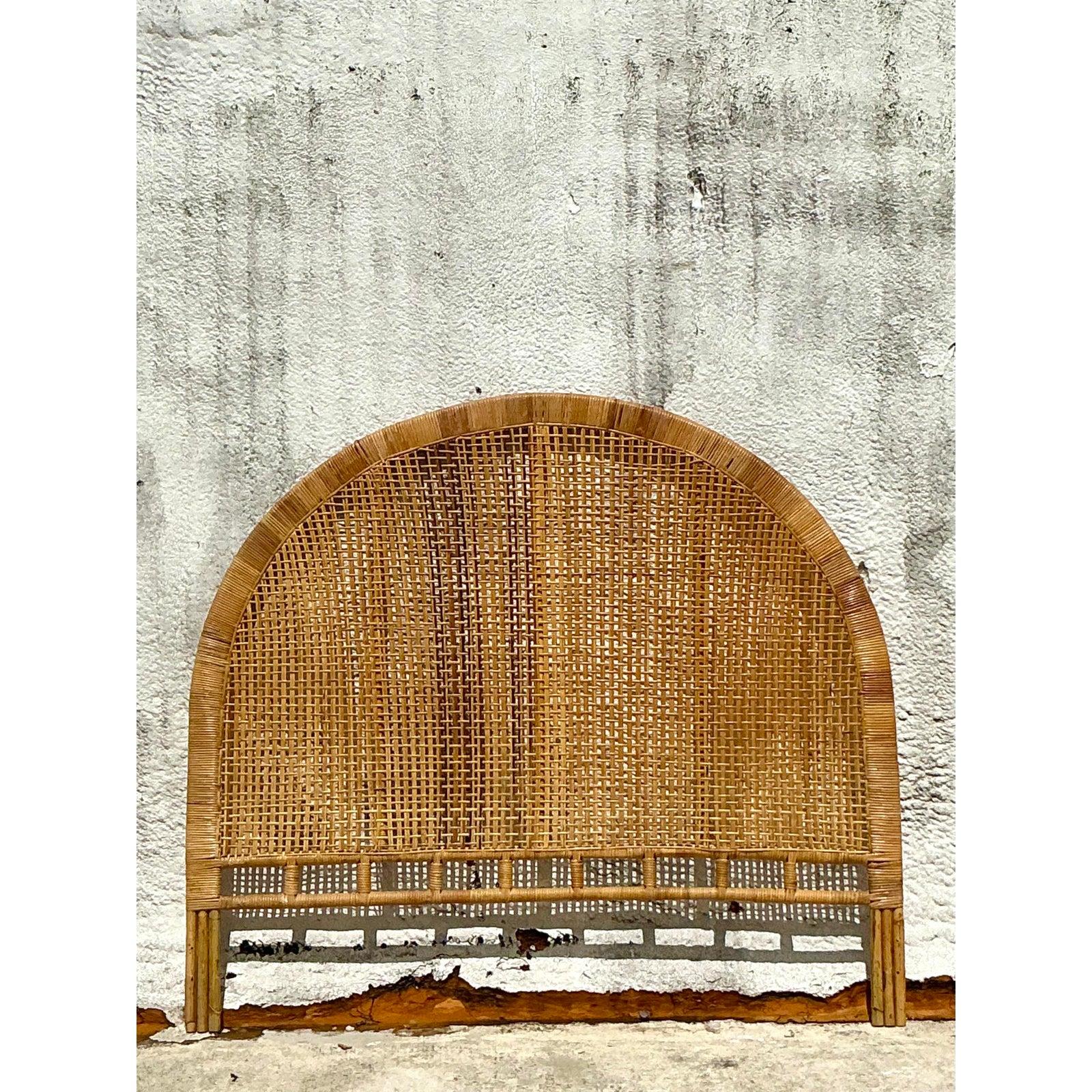 Vintage Boho Woven Rattan Queen Headboard In Good Condition For Sale In west palm beach, FL