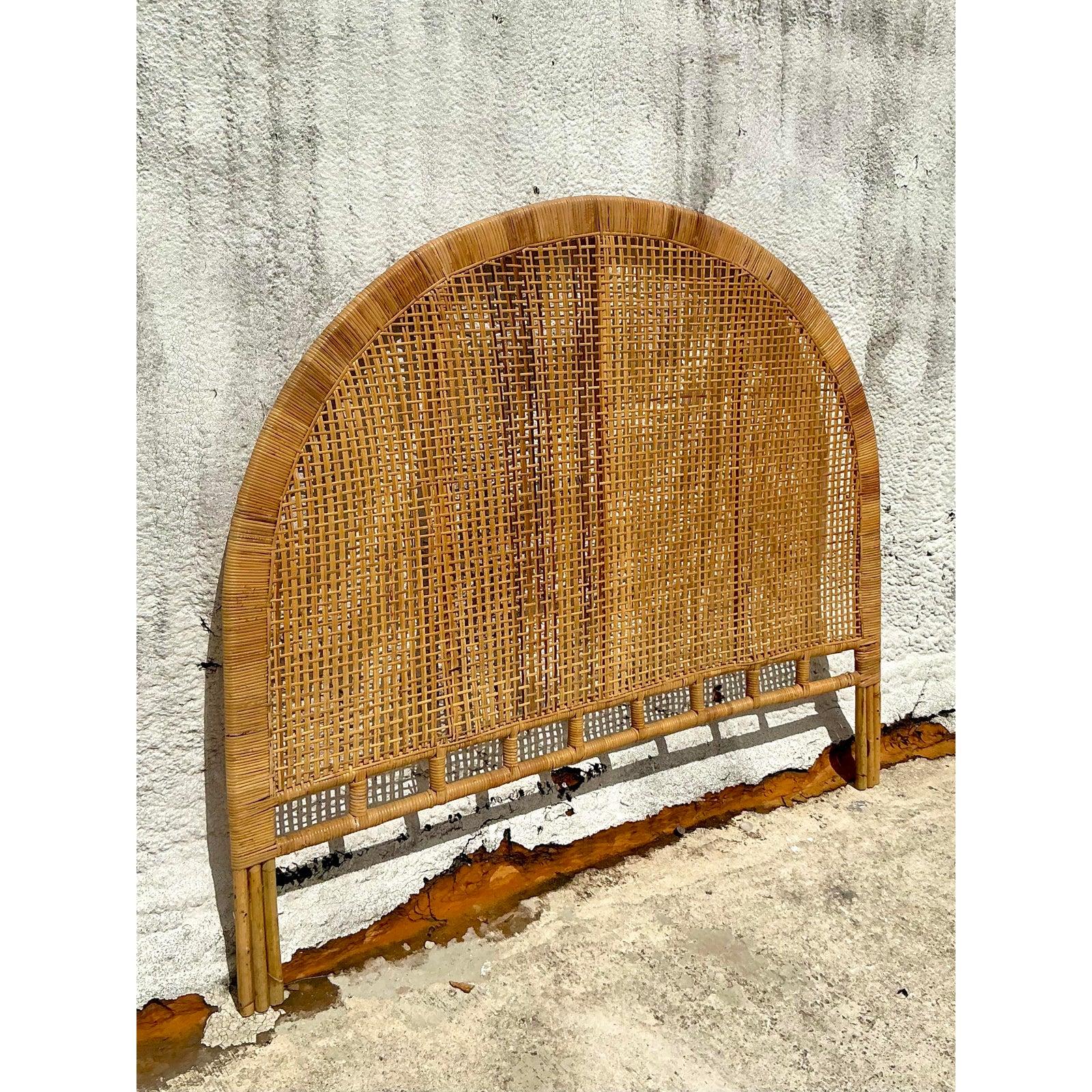 20th Century Vintage Boho Woven Rattan Queen Headboard For Sale
