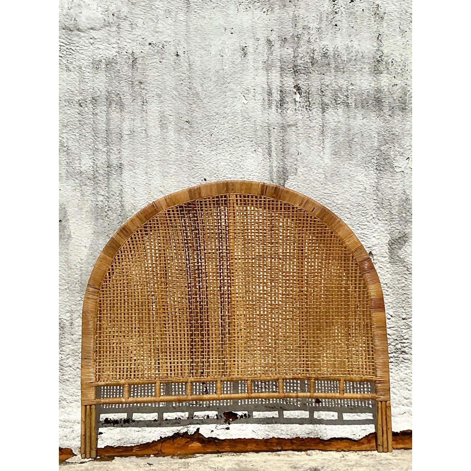 Wicker Vintage Boho Woven Rattan Queen Headboard For Sale
