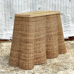 Vintage Boho Woven Rattan Ruffle Console Table